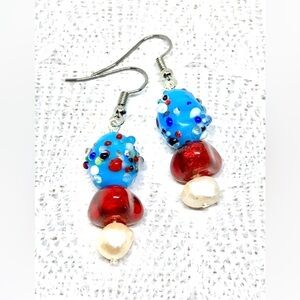 Blue Red Multicolor Bumpy Art Glass and White Freshwater Pearl Dangle Earrings